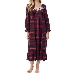 Eileen West Dark Pink Plaid 3/4 Sleeve Lace Ruffle Pockets Flannel Nightgown S